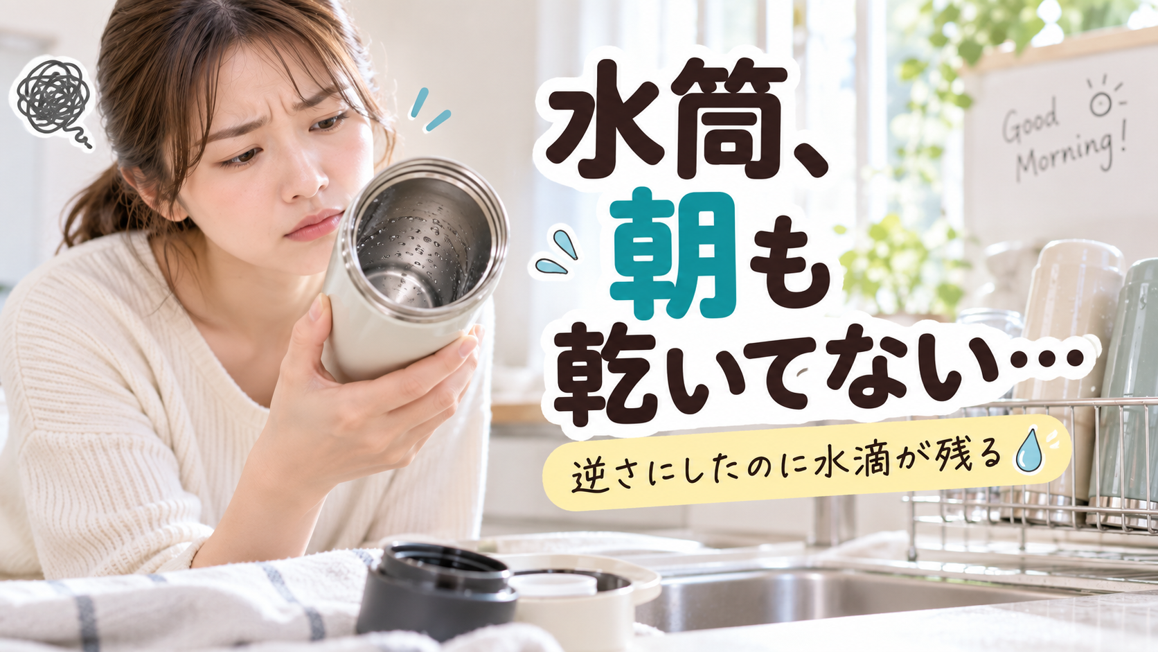夜に洗って逆さにした水筒の中に翌朝も水滴が残っている様子