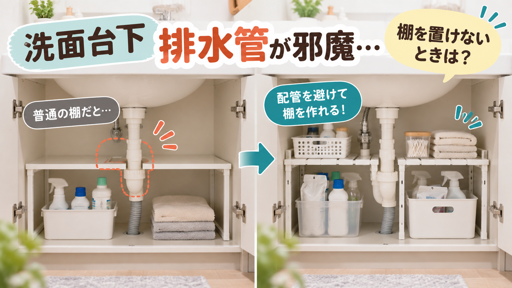 排水管が邪魔で上部の空間を活用できていない洗面台下収納