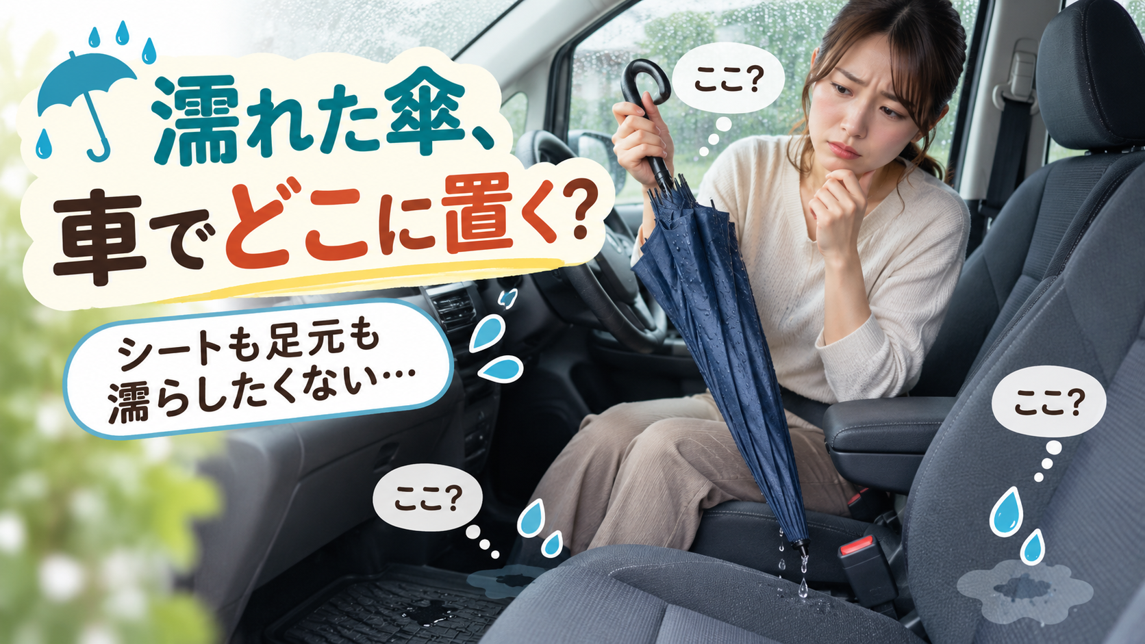 雨の日に車へ乗り込んだあと濡れた長傘の置き場所に困っている様子
