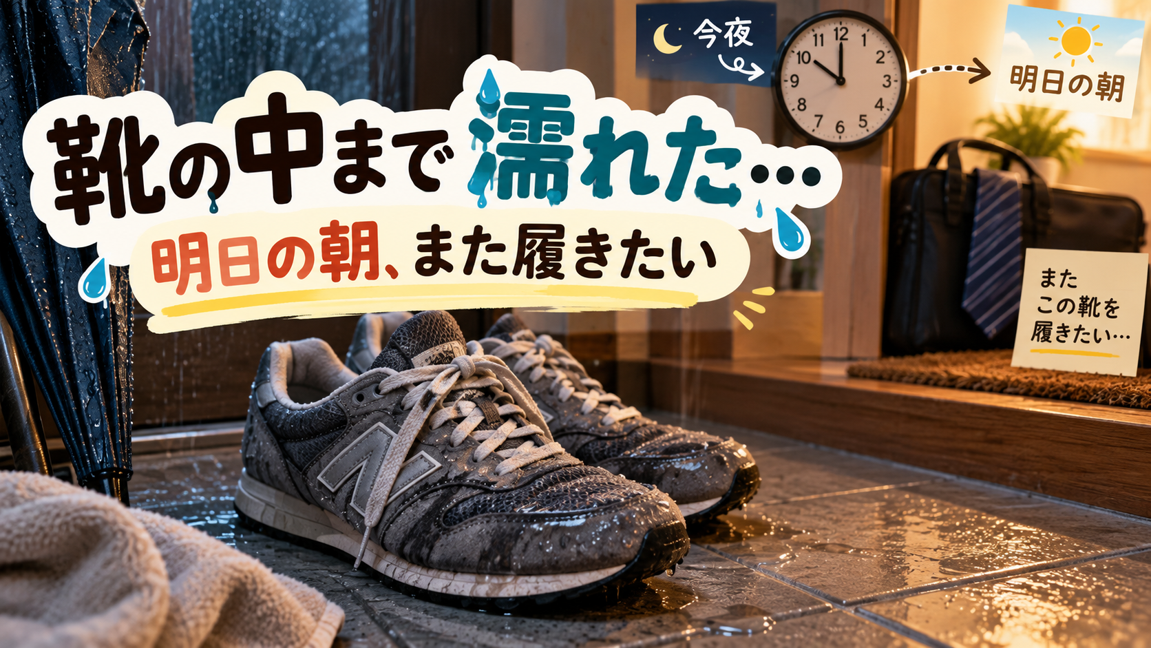 雨で中まで濡れた靴を明日の朝までに乾かしたくて困っている様子