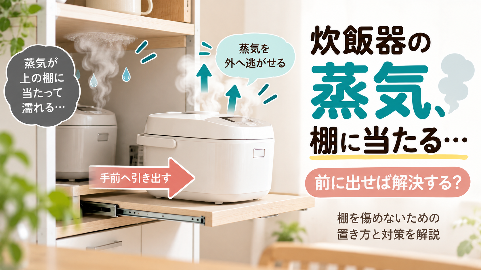 棚に置いた炊飯器の蒸気が上の棚板に当たって濡れている様子