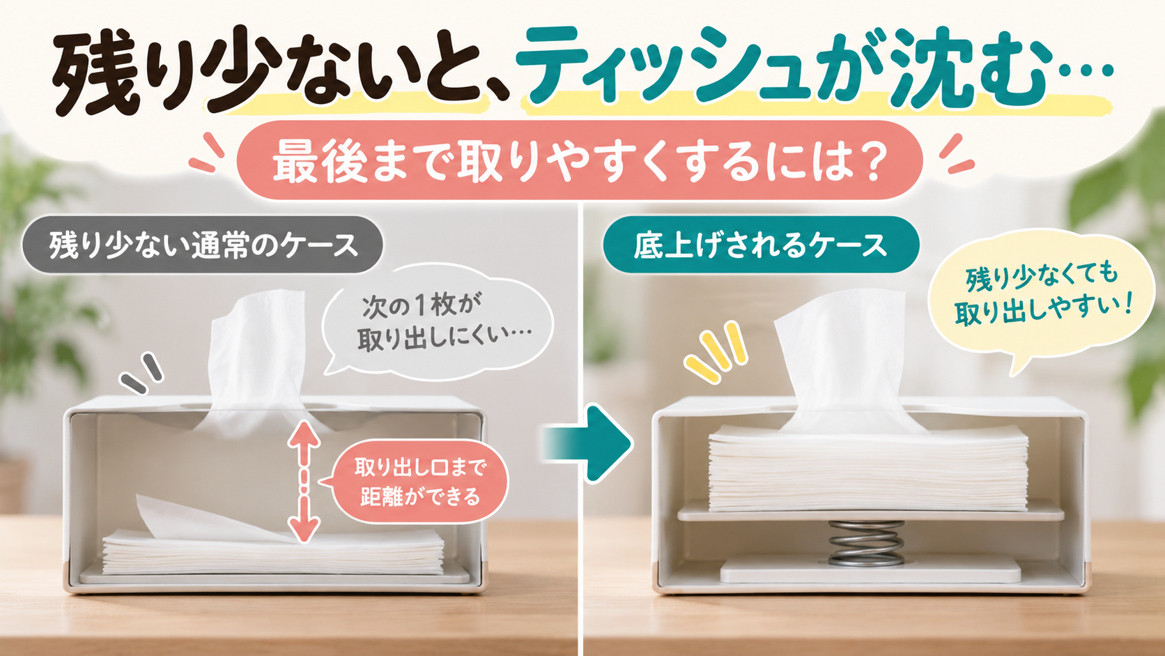 残り少なくなったティッシュがケースの中へ沈み取り出しにくくなっている様子