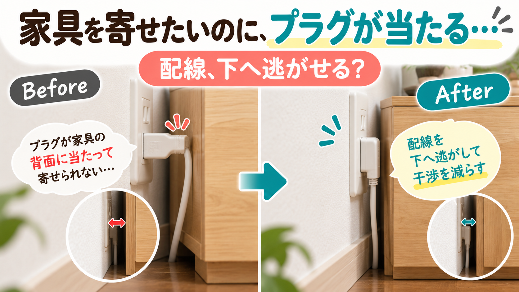 家具裏の壁コンセントに挿したプラグが家具背面へ当たり隙間ができている様子
