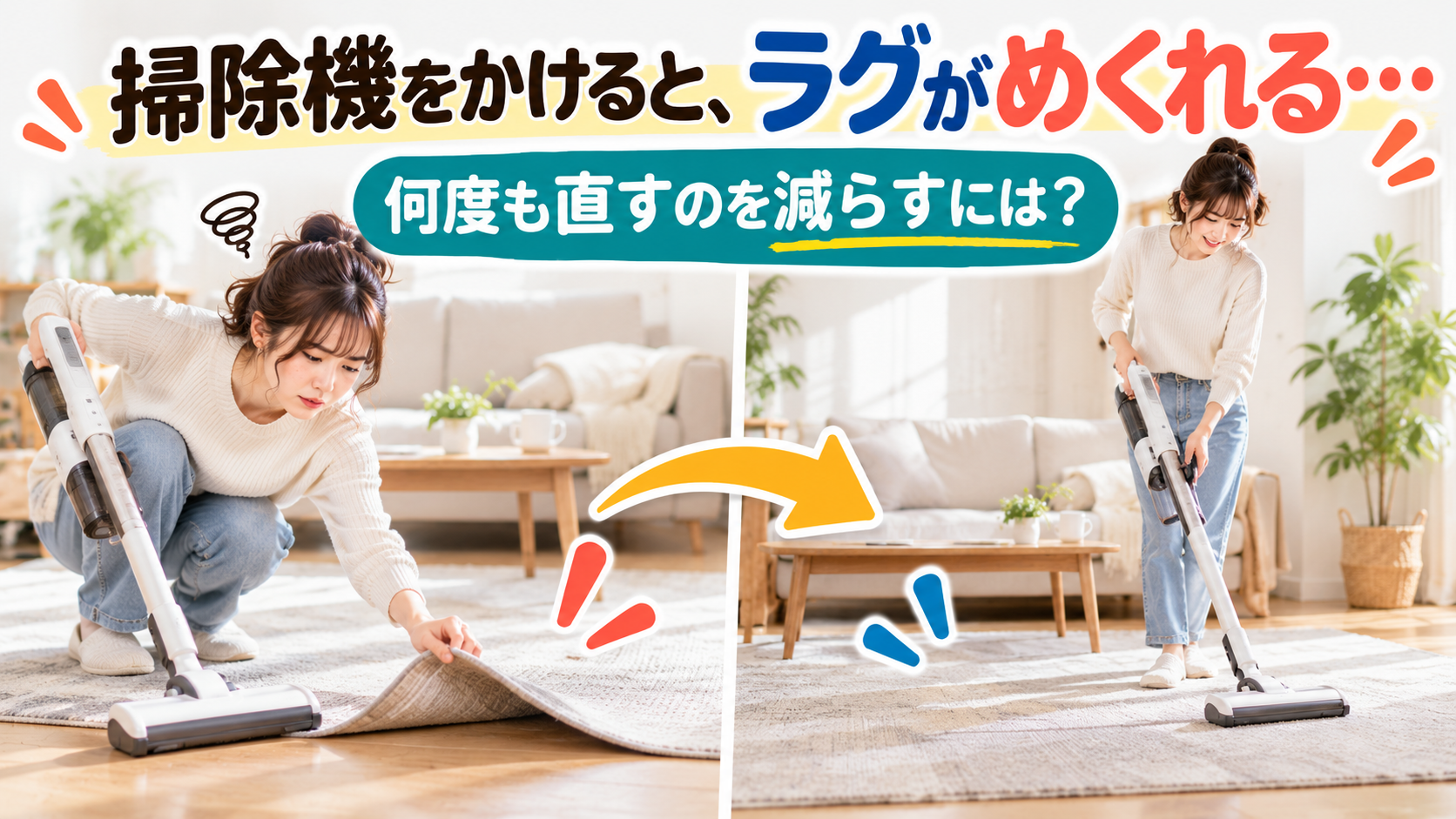 掃除機をかけるたび薄いラグの端がめくれて掃除を止めて直している様子