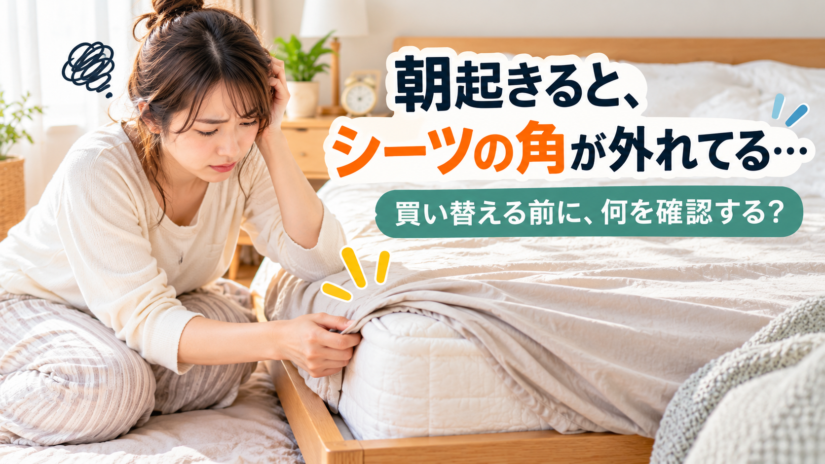 朝起きるとボックスシーツの角が外れてマットレスの角が露出し掛け直す必要がある様子