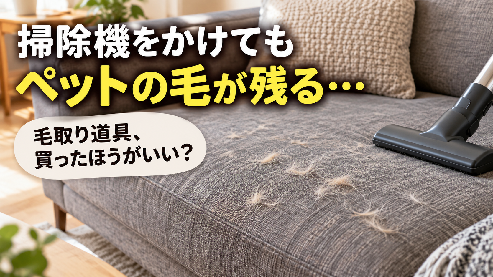 掃除機をかけた後も布製ソファにペットの毛が残り取り直している様子