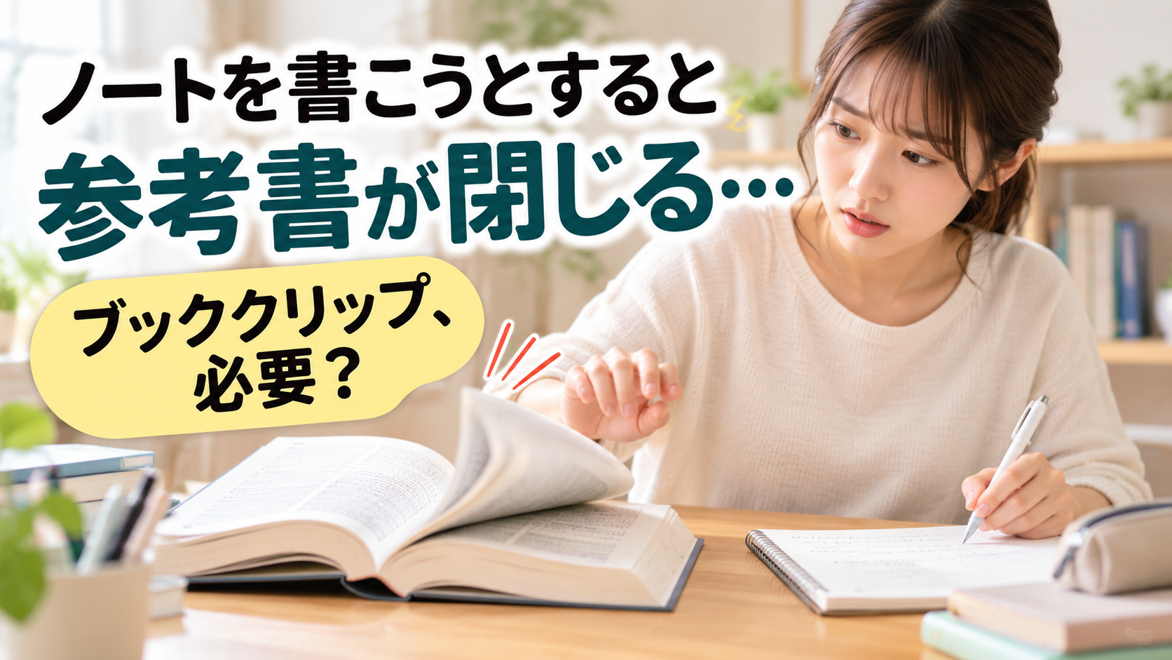 参考書から手を離してノートを書こうとすると本が閉じてしまう学習机の様子