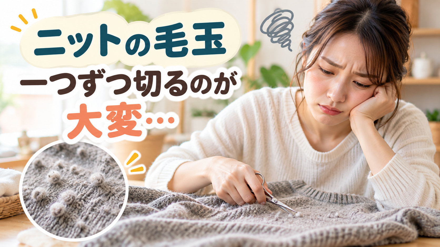ニットに広がった毛玉を一つずつハサミで整える作業に時間がかかっている様子