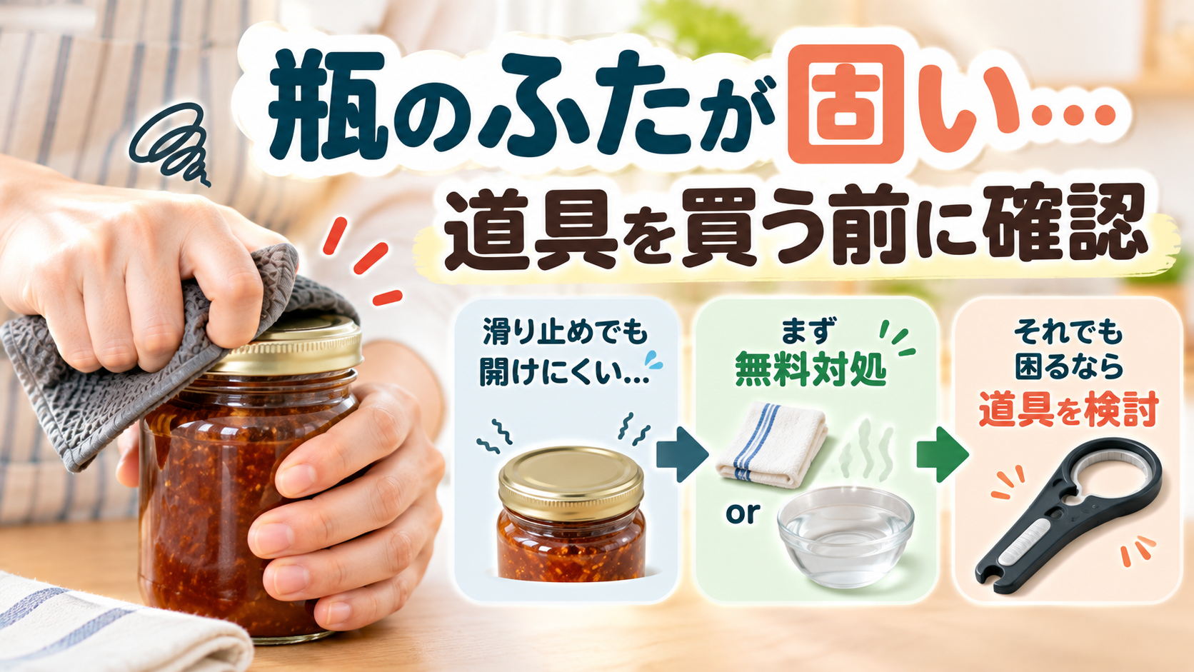 瓶のふたが固く手持ちの滑り止めを使っても開けにくく困っている様子