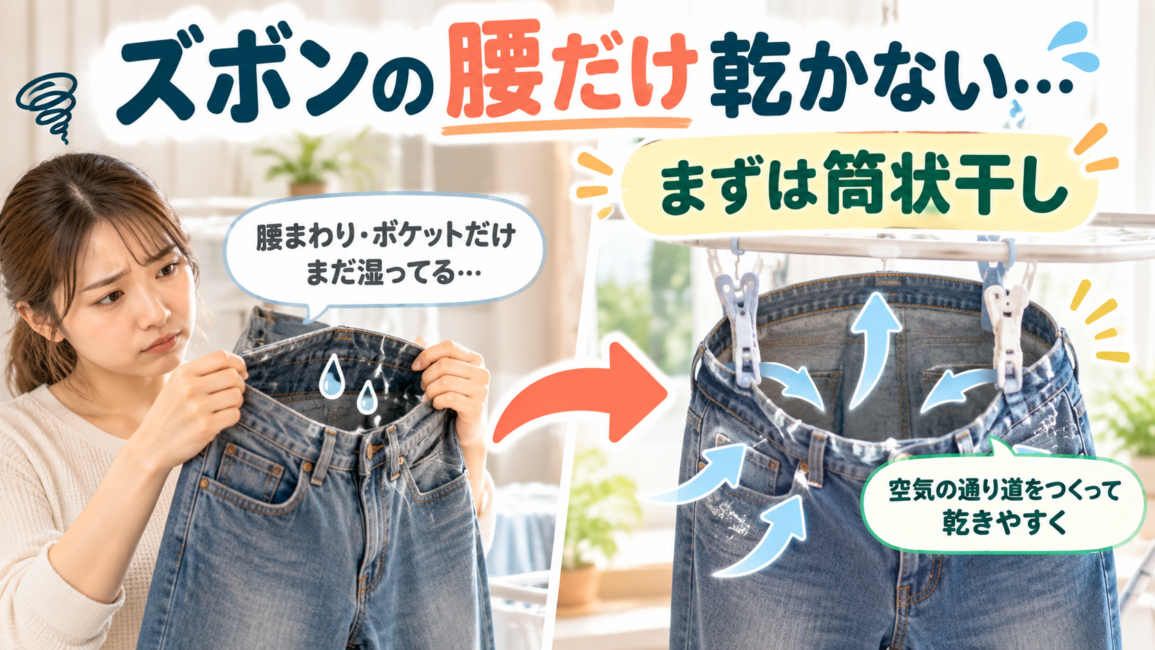 厚手のズボンの裾は乾いているのに腰まわりとポケット付近だけ湿っていて干し直している様子