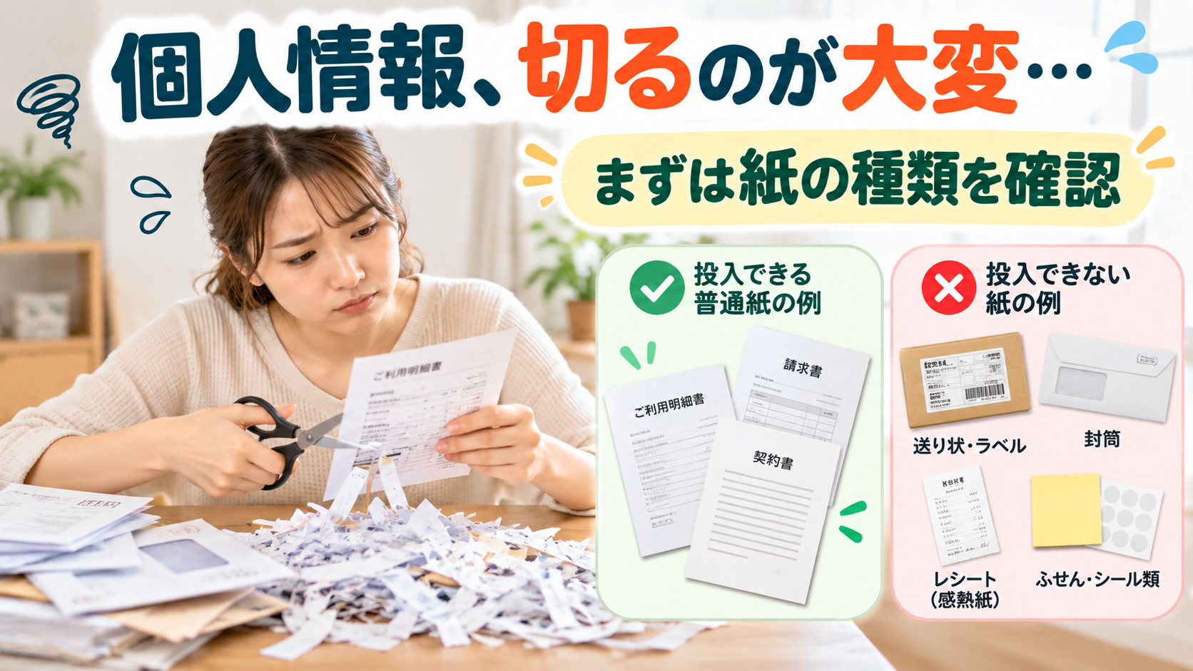 郵便物や明細の個人情報をはさみで細かく切る手間とシュレッダーを検討する条件を比較している様子