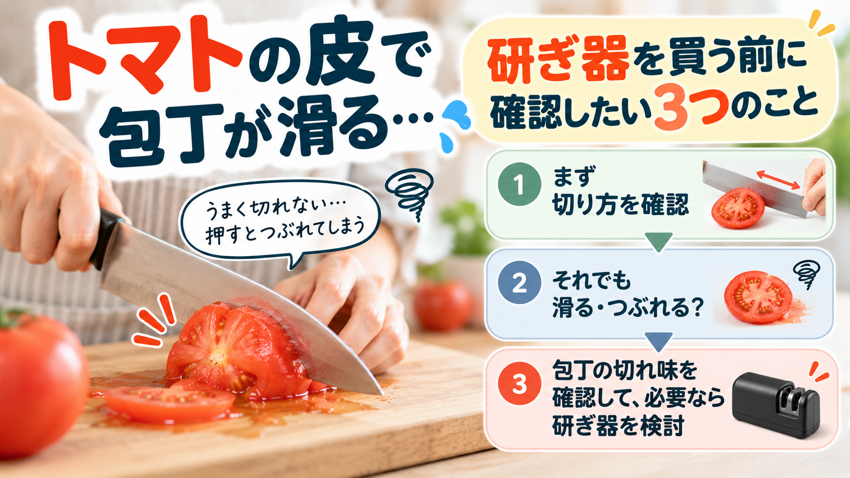 包丁がトマトの皮に滑って押すとつぶれてしまい切りにくさを感じている様子