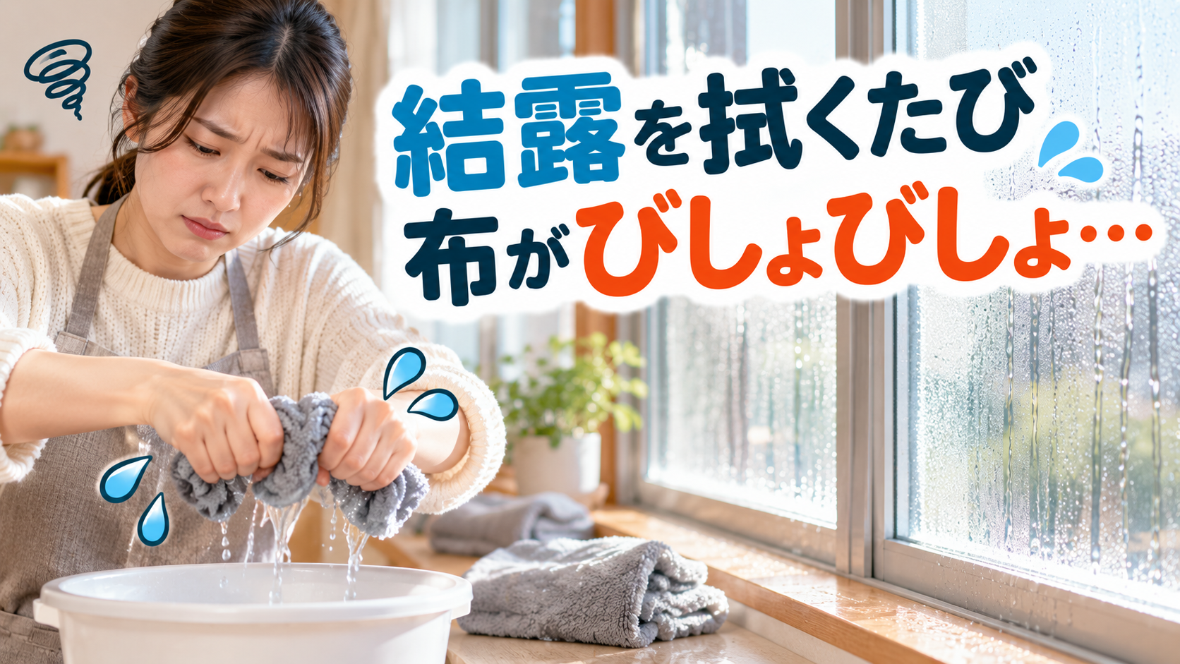 窓の結露を布で拭くたびびしょびしょになり何度も絞り直している様子