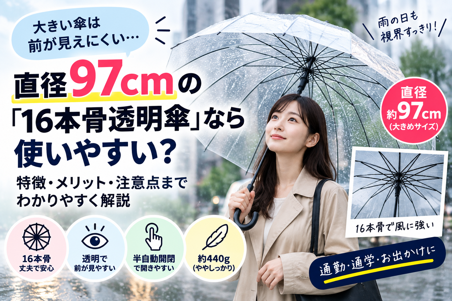 直径約97cmの16本骨透明傘を雨の日に使用するイメージ