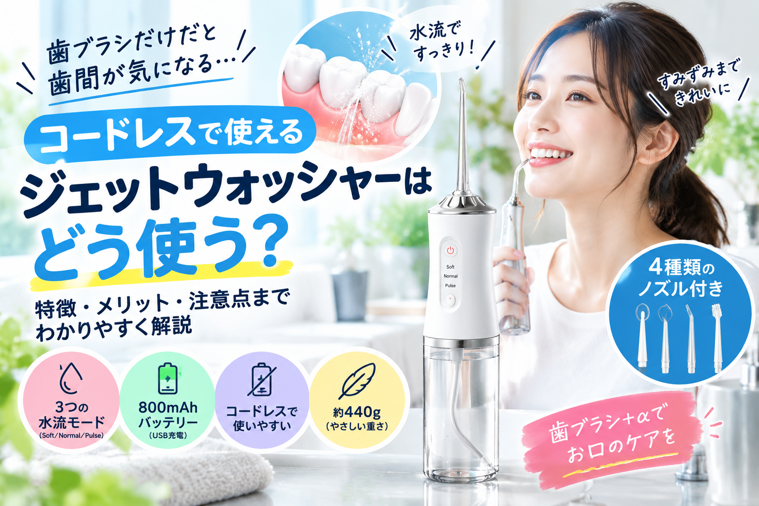コードレスジェットウォッシャーで歯間を水流ケアするイメージ