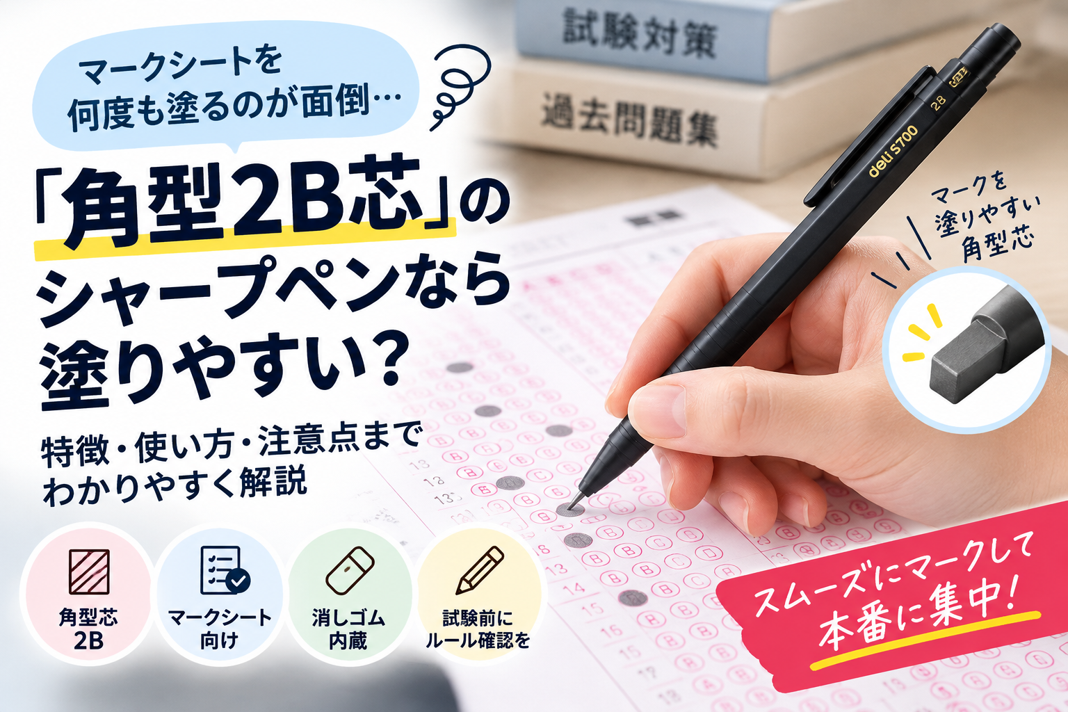 角型2B芯のマークシート用シャープペンで解答欄を塗るイメージ