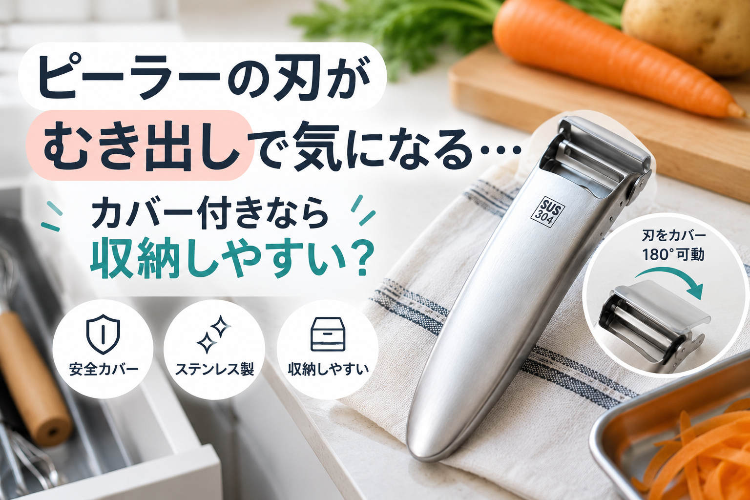 安全カバー付きピーラーを収納するイメージ