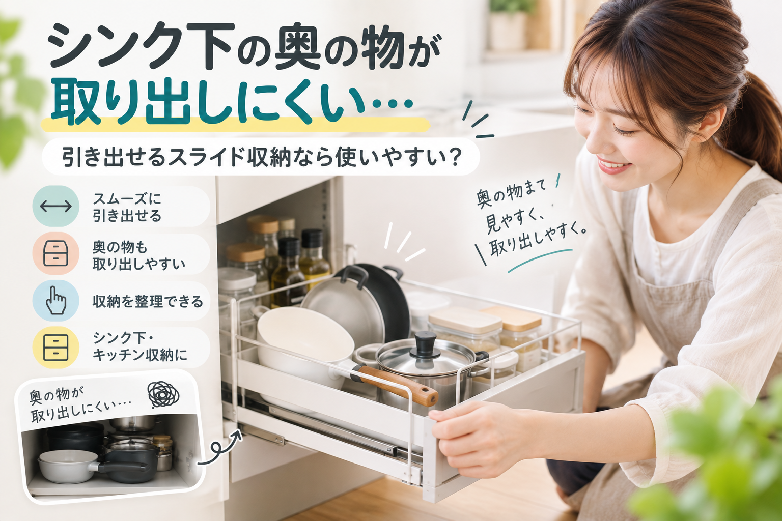 シンク下の奥のものを取り出しやすくするイメージ