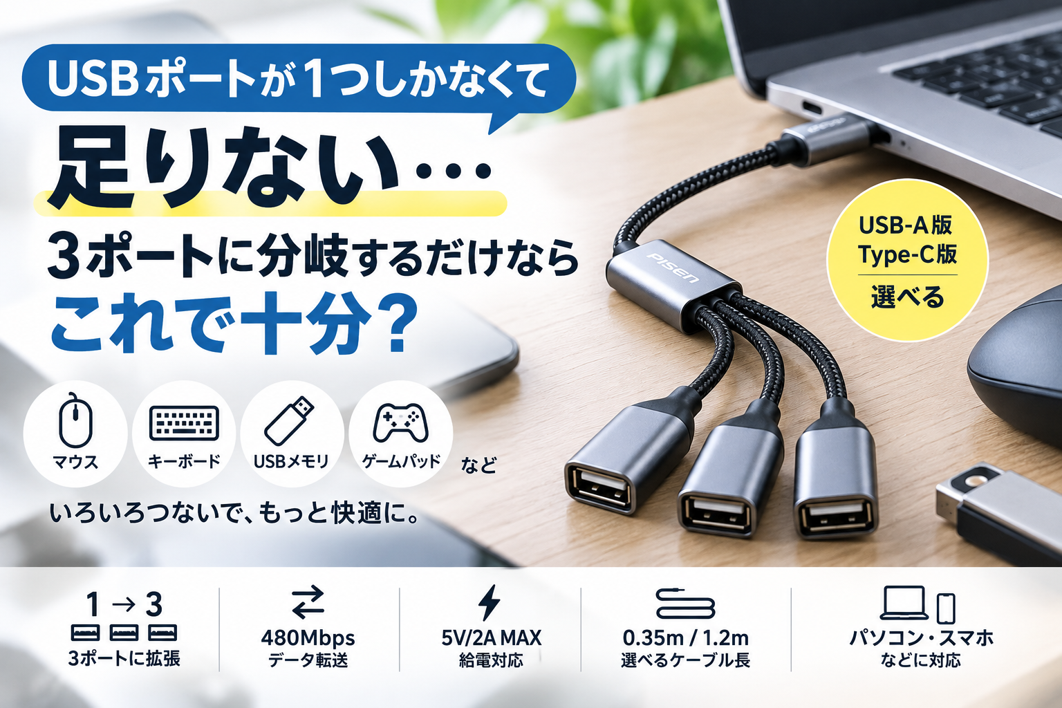 USBポート1つを3ポートに分岐するUSB拡張ケーブルのイメージ