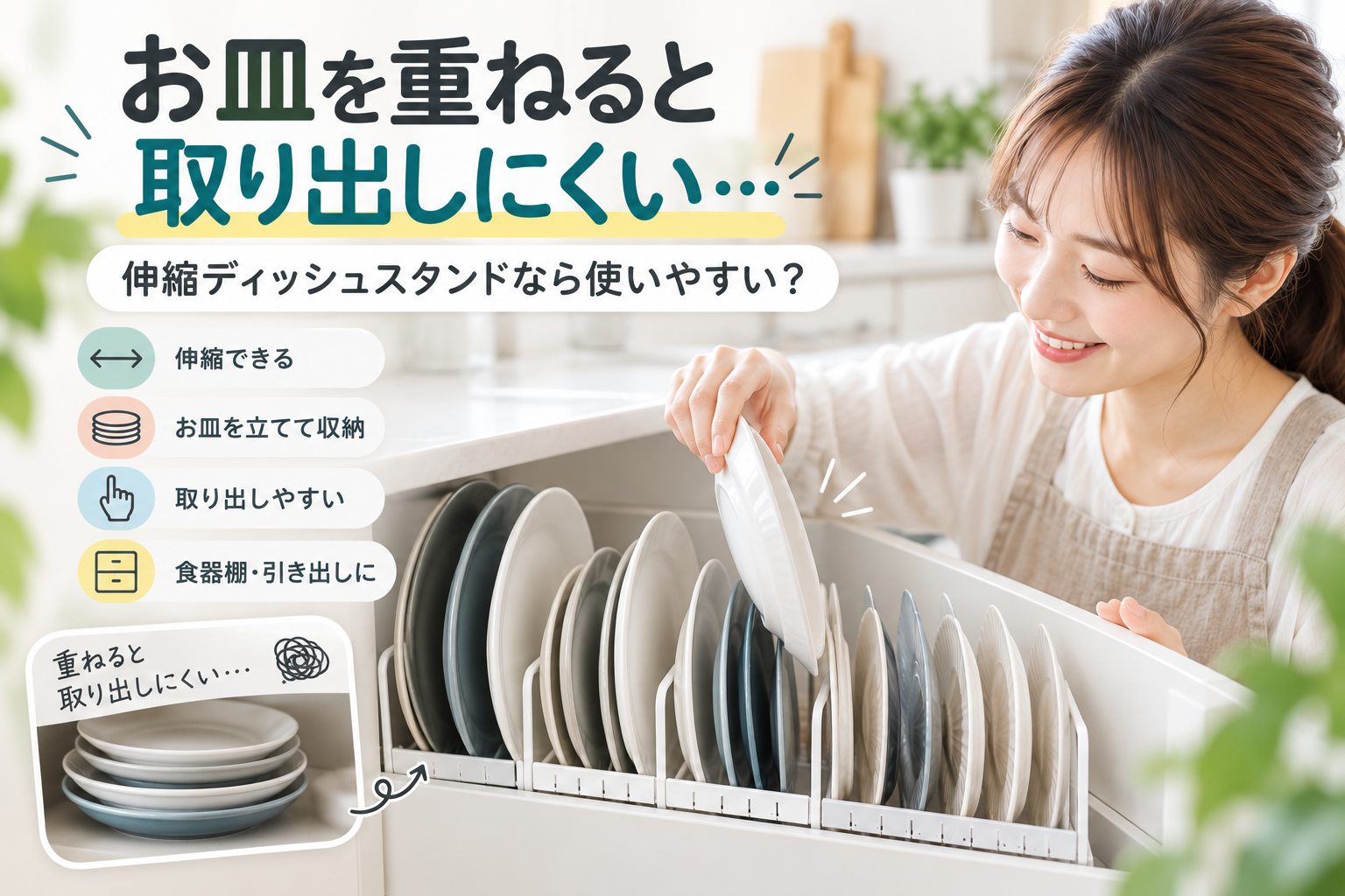 お皿を立てて取り出しやすく収納する伸縮ディッシュスタンドのイメージ