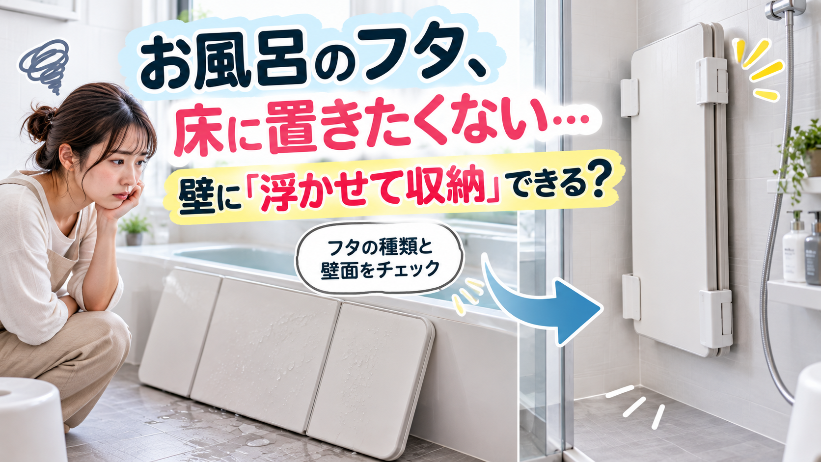 お風呂のフタを床に置かず浴室の壁面へ浮かせて収納するイメージ