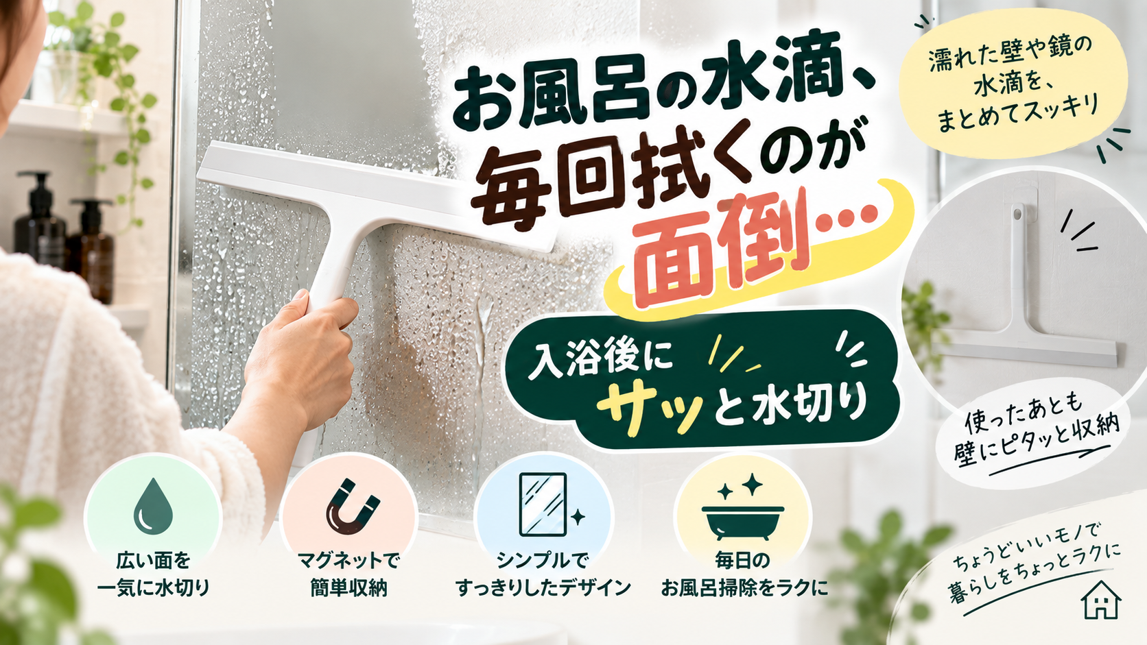お風呂の壁や鏡に残った水滴を水切りワイパーで取り除くイメージ