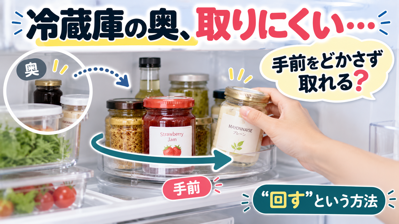 冷蔵庫の奥にある調味料や瓶を回転トレーで手前に移動して取り出すイメージ