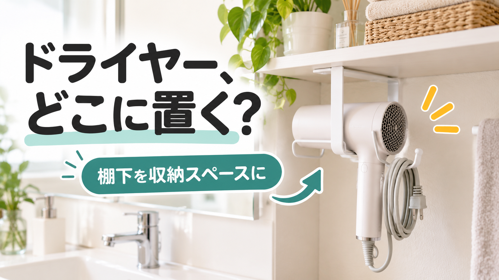 洗面所の棚下にドライヤーホルダーを設置してドライヤーを収納するイメージ