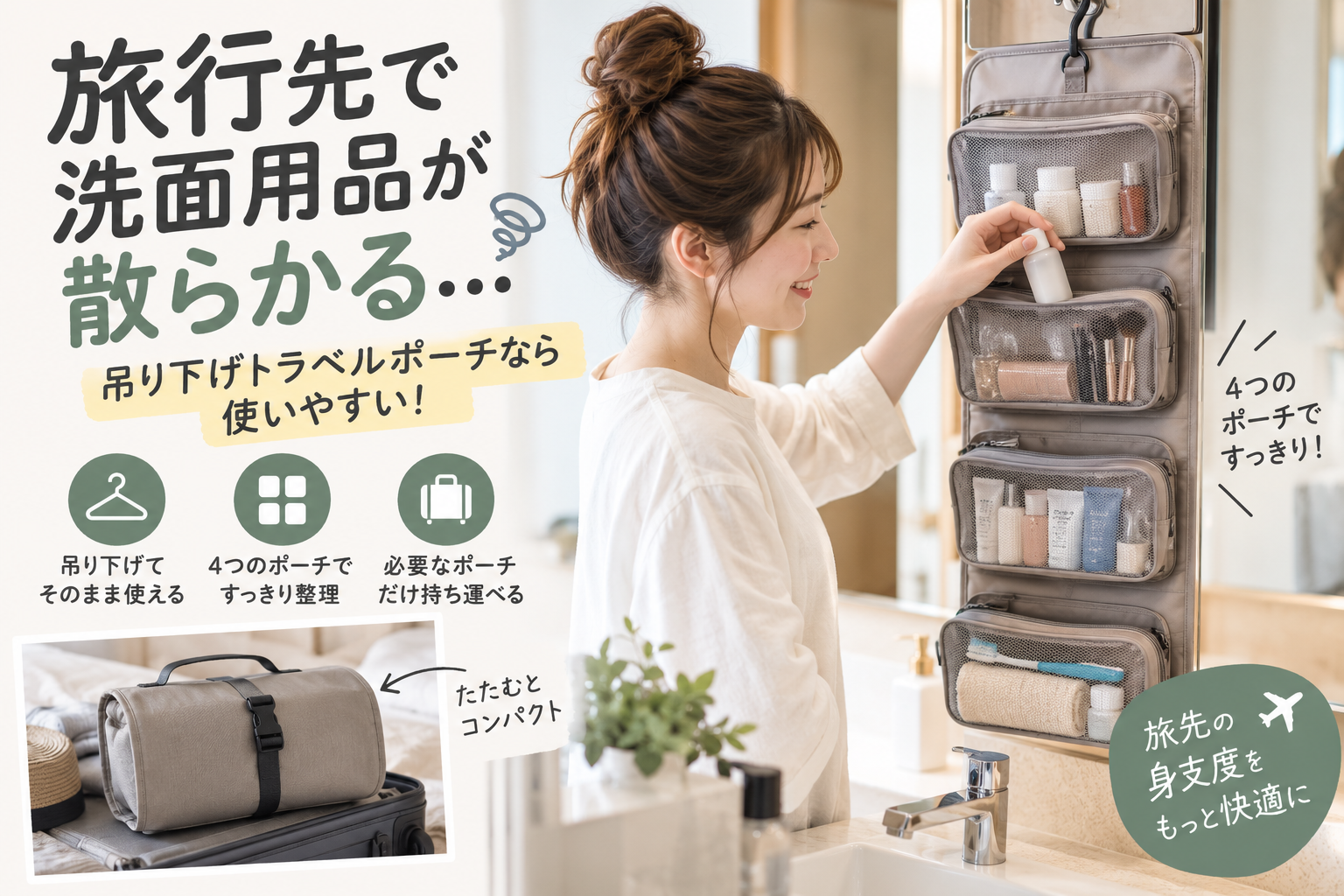ホテルの洗面用品や化粧品を4つのメッシュポーチに分けて吊り下げ収納するイメージ