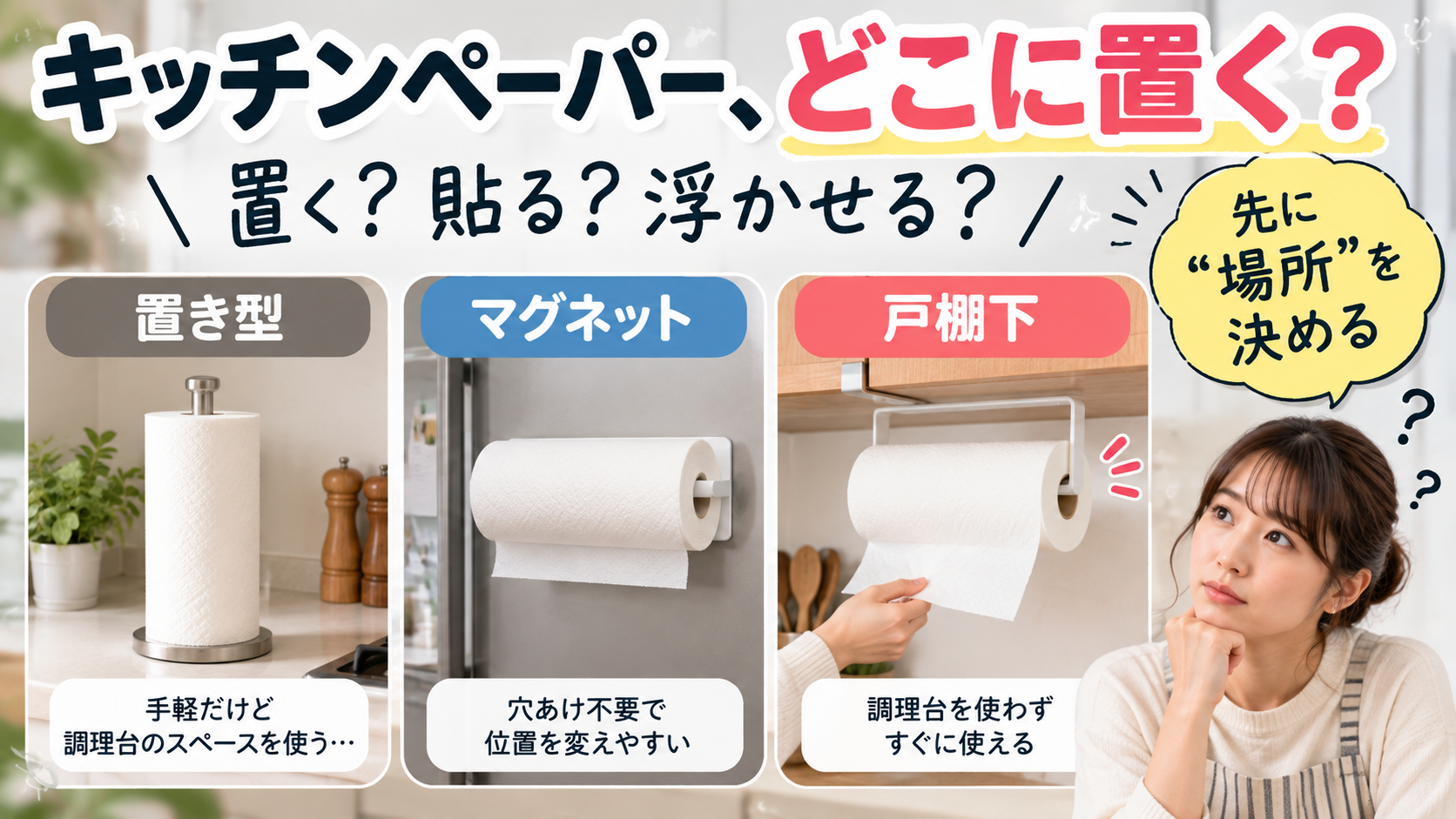 キッチンペーパーを調理台に置かず戸棚下へ浮かせて収納するイメージ