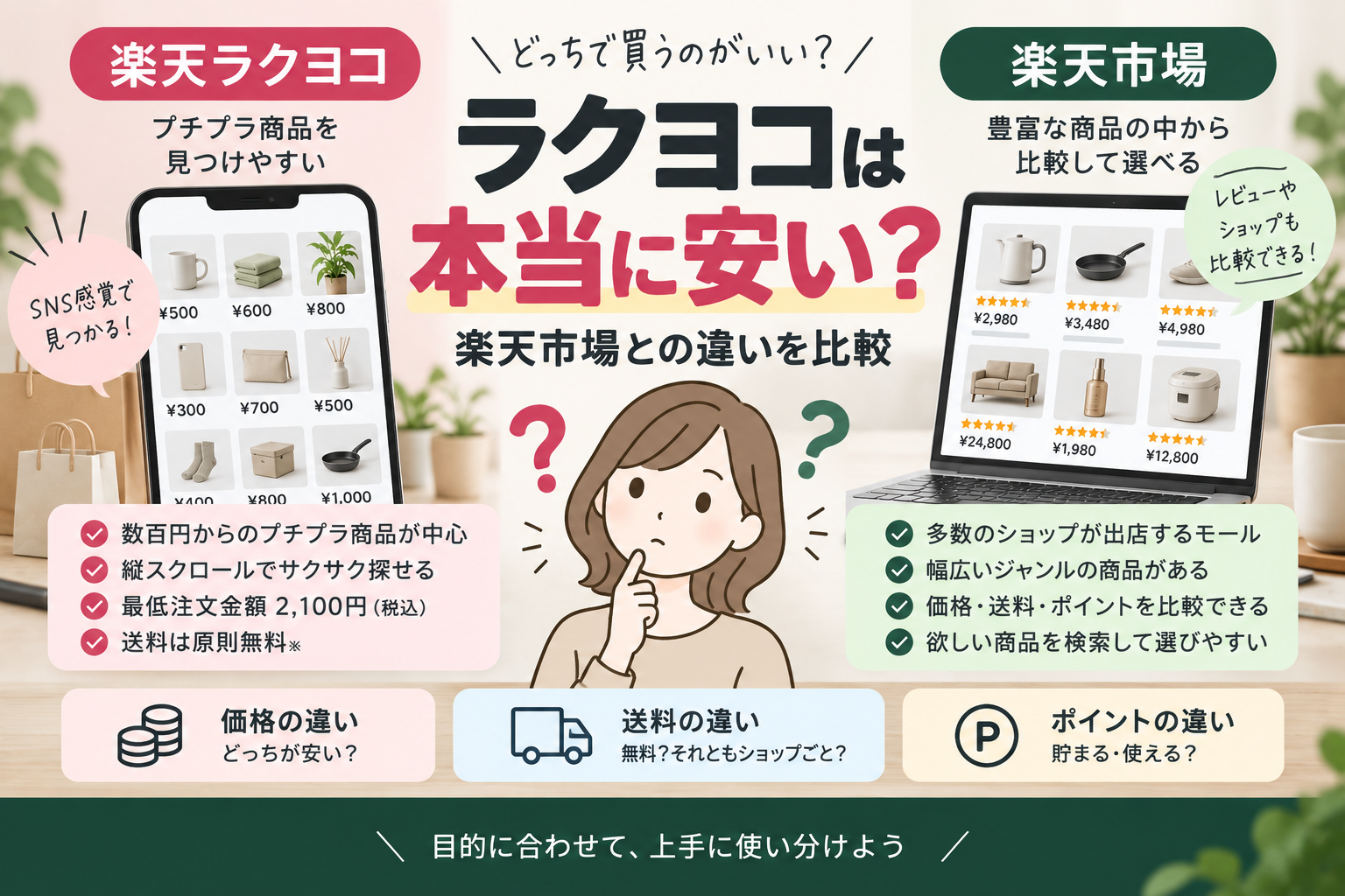 楽天ラクヨコと楽天市場の違いと使い分けを比較するイメージ