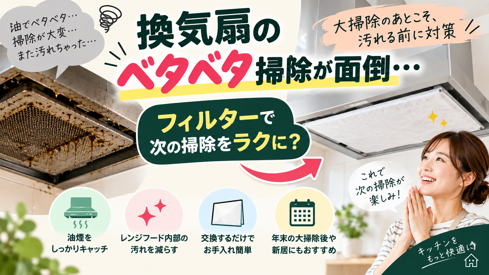 レンジフードの油汚れ対策にスターフィルターを取り付けるイメージ