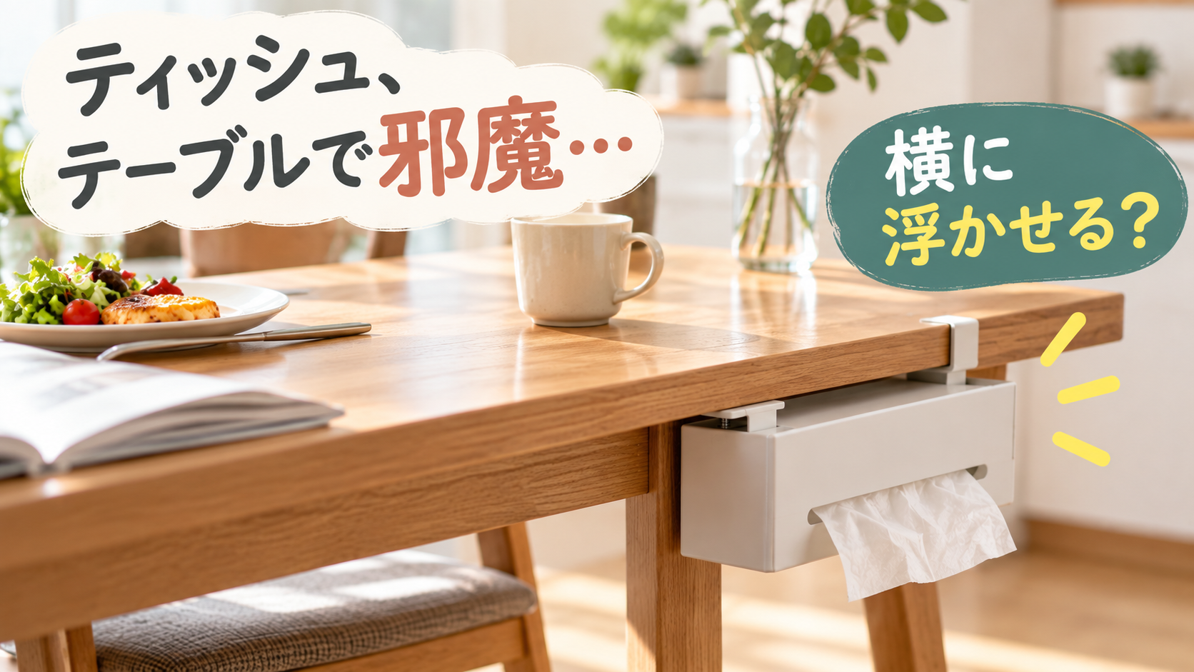 テーブルの上で邪魔になるティッシュをテーブル横に浮かせて収納するイメージ