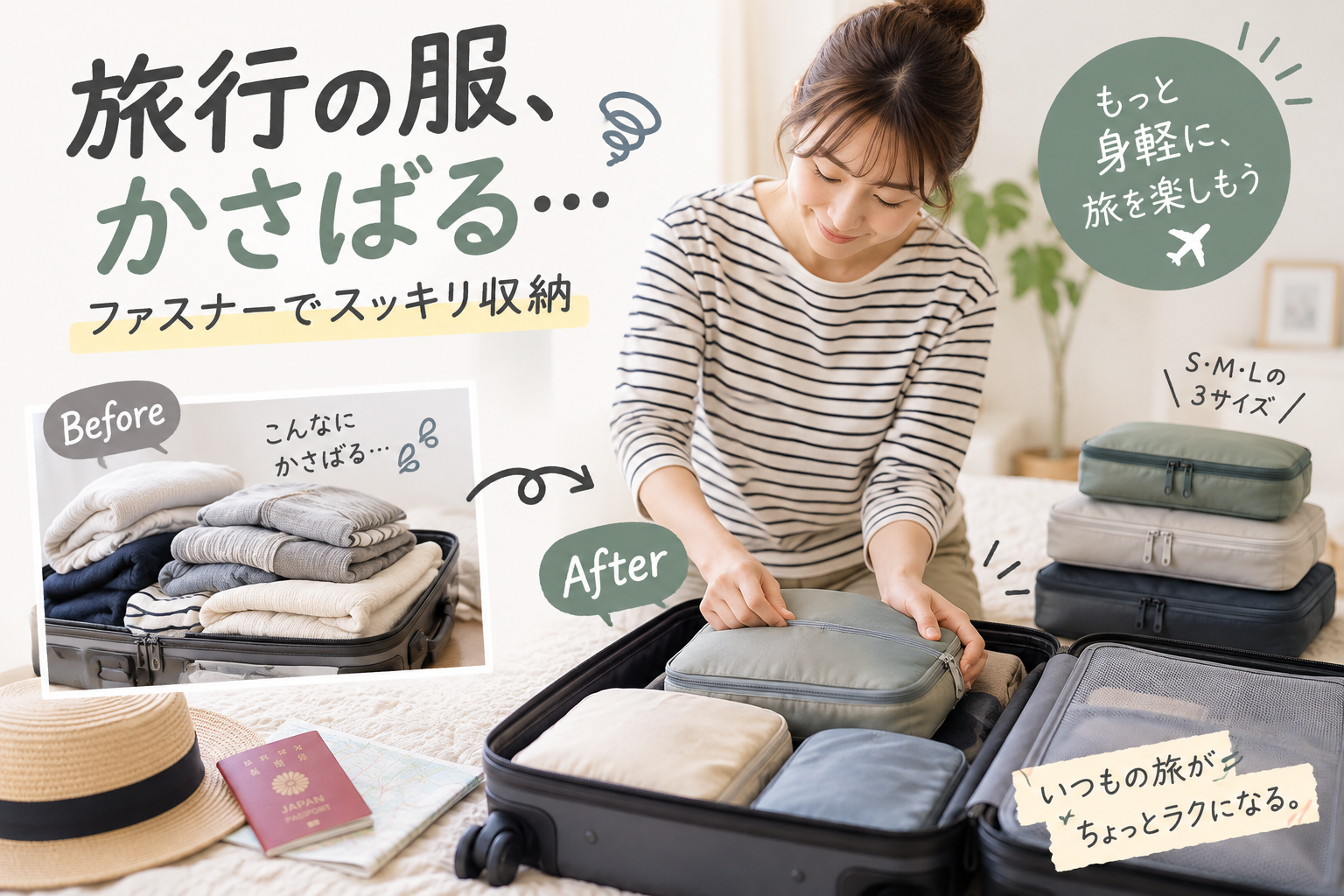 旅行のかさばる衣類を圧縮ポーチにまとめてスーツケースへ収納するイメージ