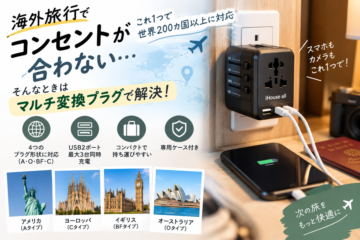 海外旅行先のさまざまなコンセント形状に対応するマルチ変換プラグのイメージ