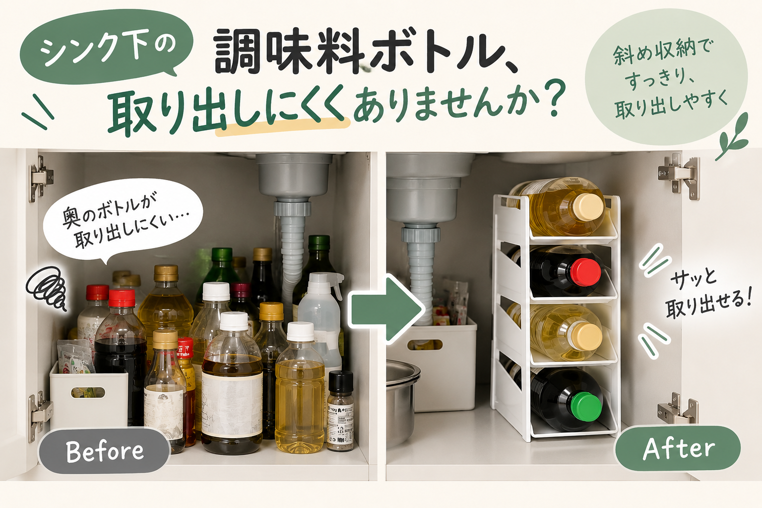 シンク下の調味料ボトルを斜め4段に整理して取り出しやすくするボトルストッカーのイメージ