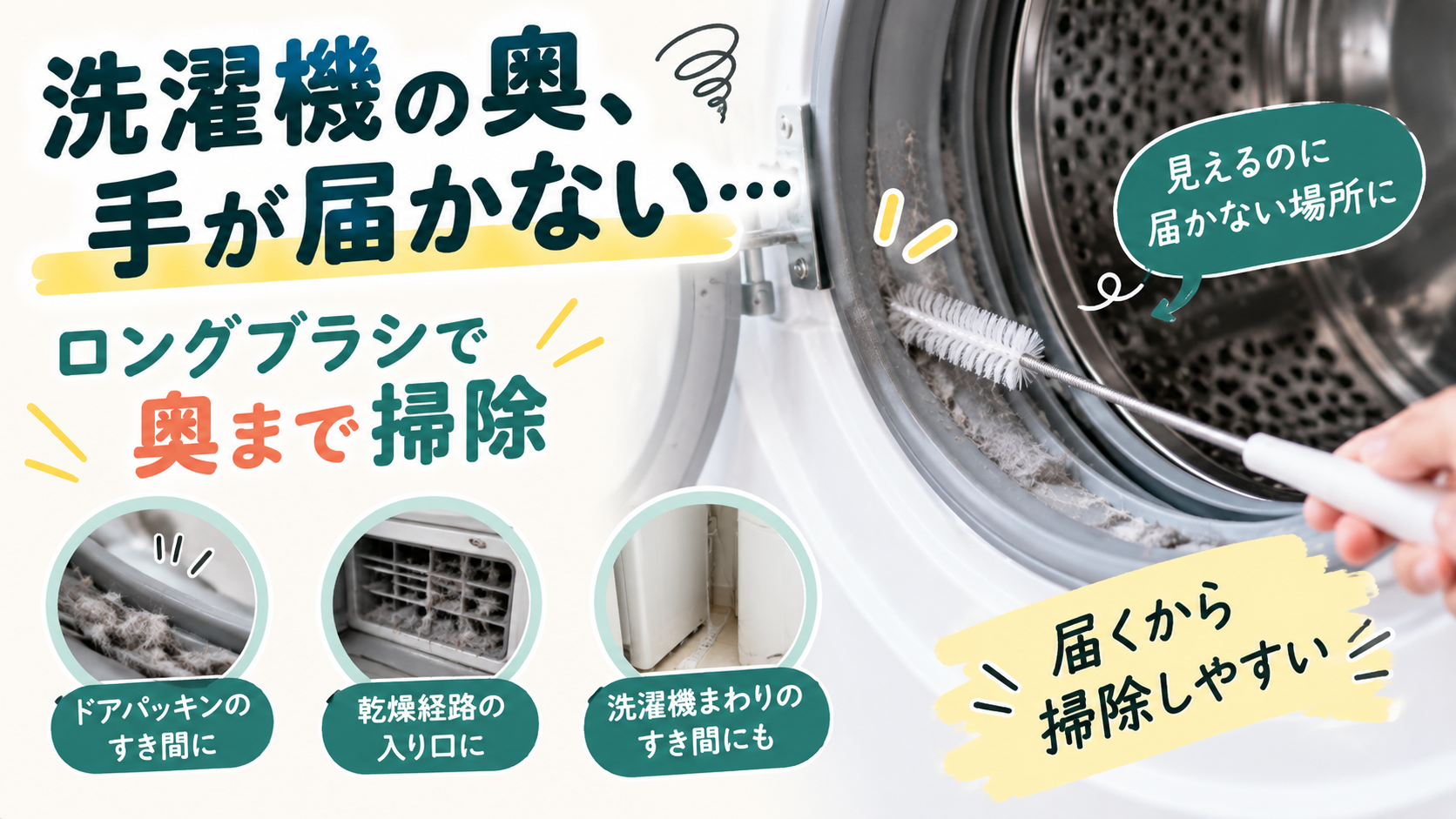 ドラム式洗濯機の手が届きにくい奥をロング掃除ブラシで掃除するイメージ