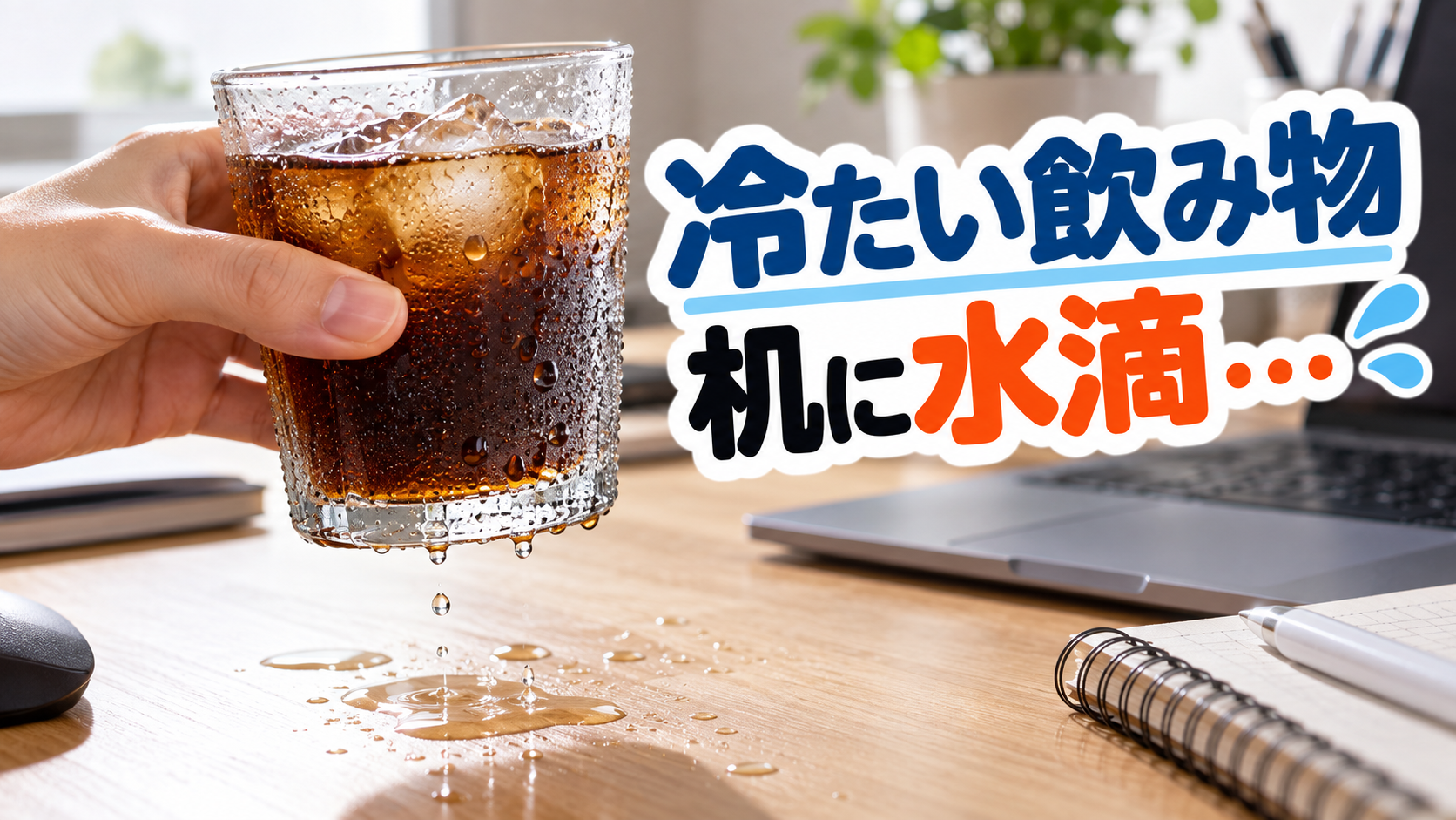 冷たい飲み物を入れたコップの側面に水滴がつき机へ落ちている様子