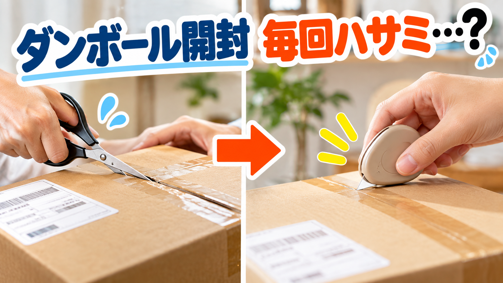 宅配ダンボールのテープを毎回ハサミで切って開封するのを面倒に感じている様子