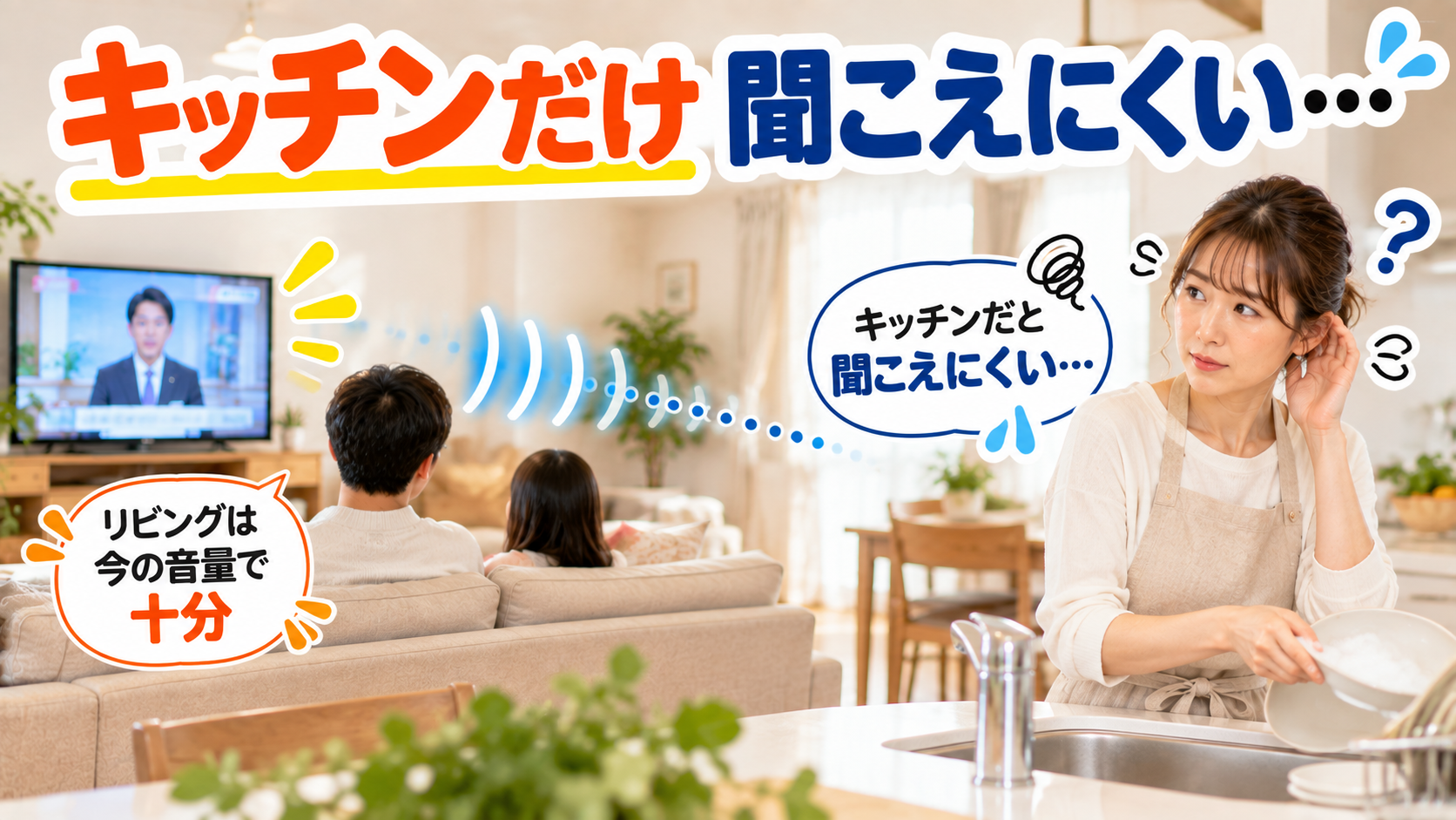 キッチンではテレビの声が聞き取りにくい一方でリビングの家族には現在の音量で十分な様子