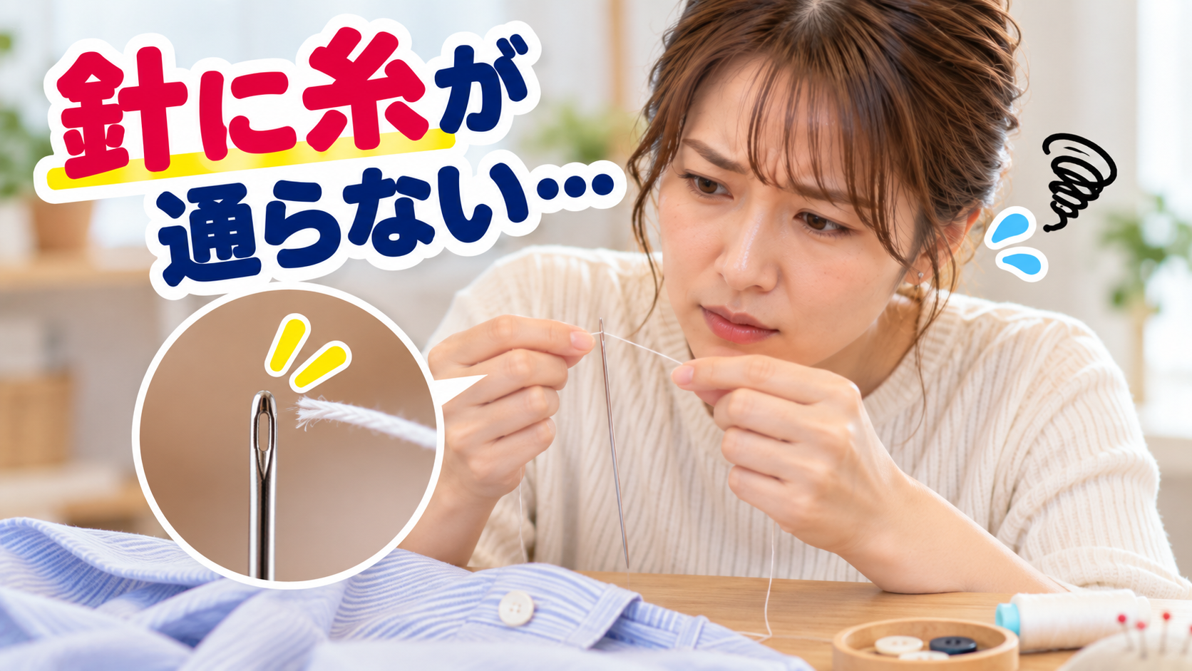 ボタン付けを始めようとして針穴に糸が通らず何度もやり直している様子