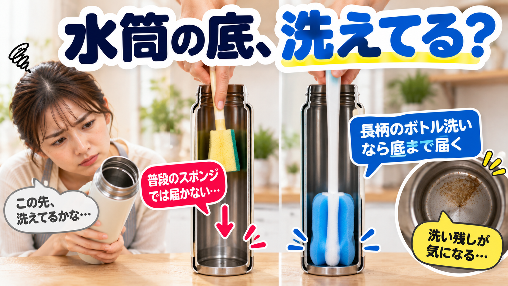 深い水筒の底に普段のスポンジが届かず、洗い残しを気にしている様子
