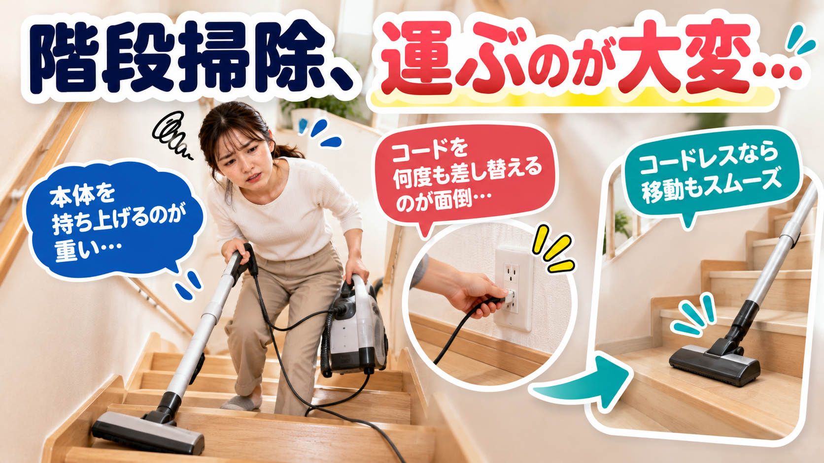 階段で掃除機本体を持ち上げ、電源コードの差し替えに困っている様子