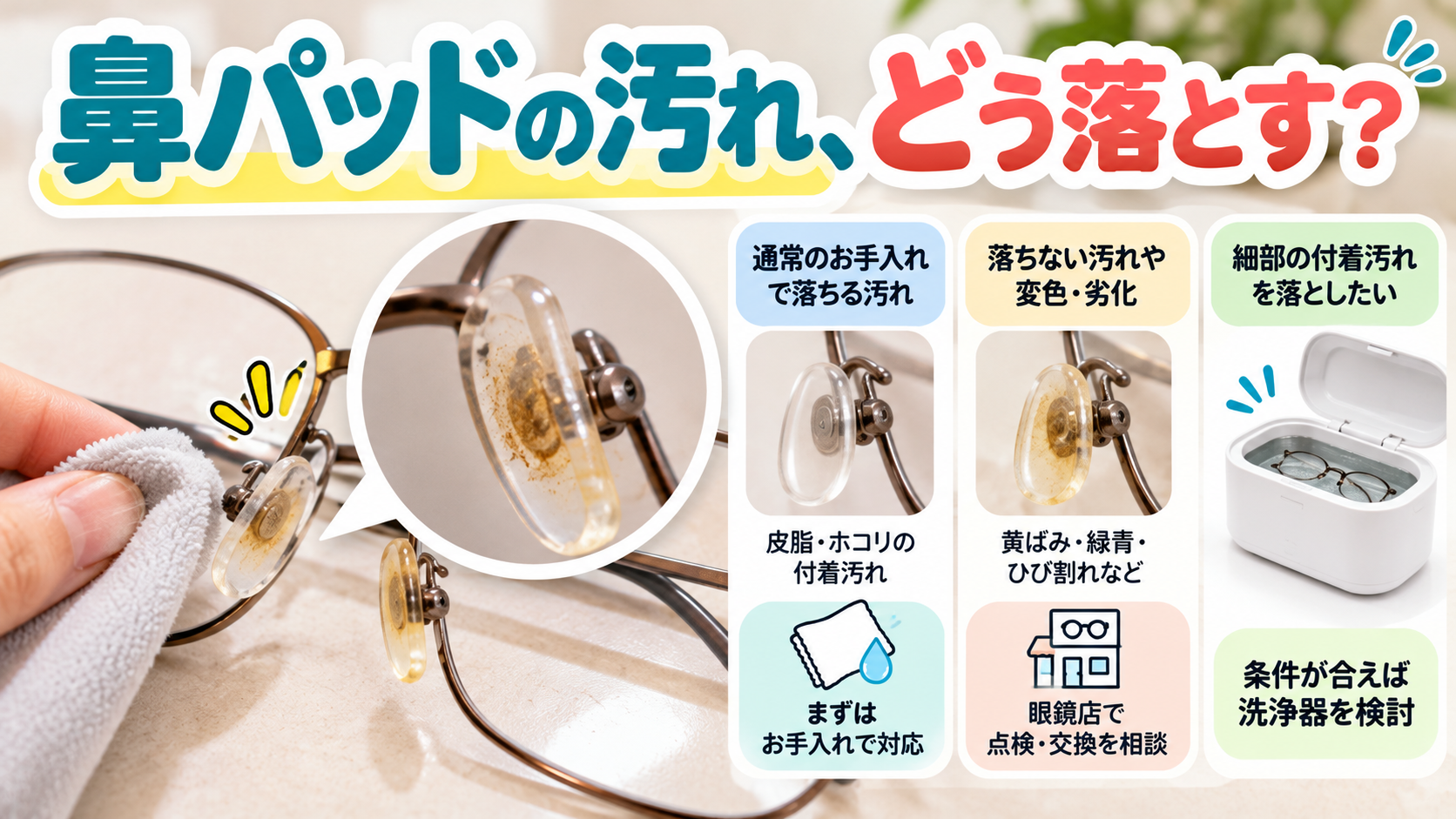 眼鏡の鼻パッド周りに残った汚れを見て、掃除方法を迷っている様子
