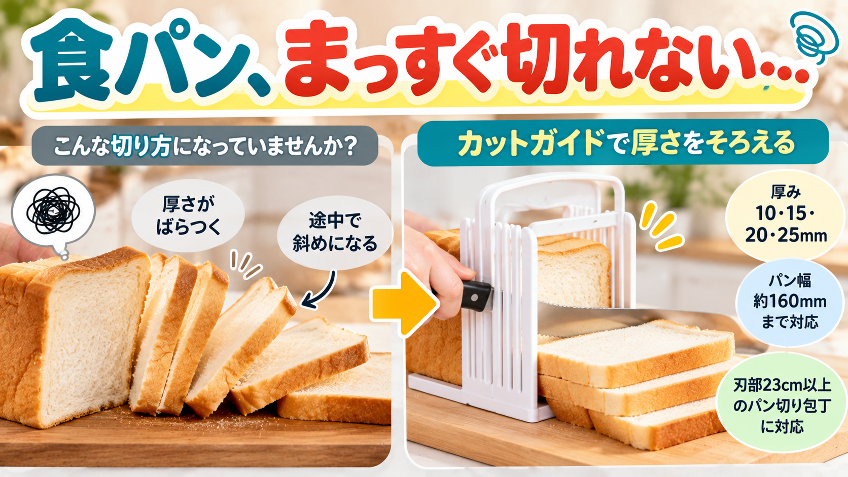 食パンを切ると厚さがばらつく様子と、カットガイドで切る位置をそろえる方法の比較