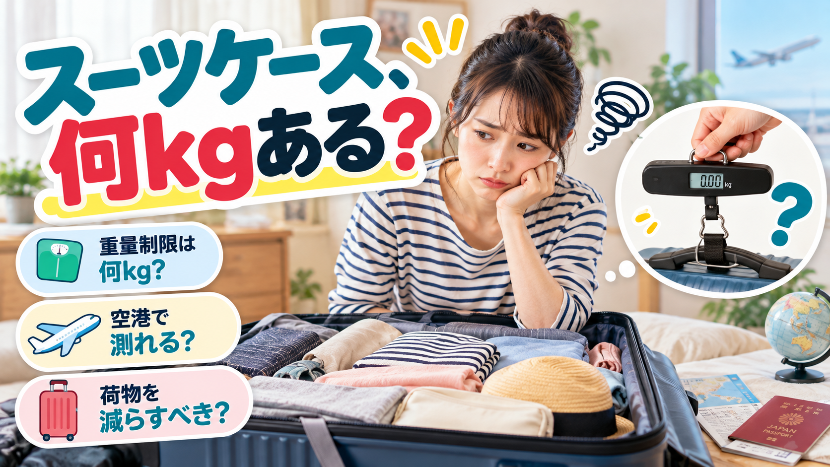 旅行前にスーツケースの重量制限を確認し、荷物を減らすか迷っている場面