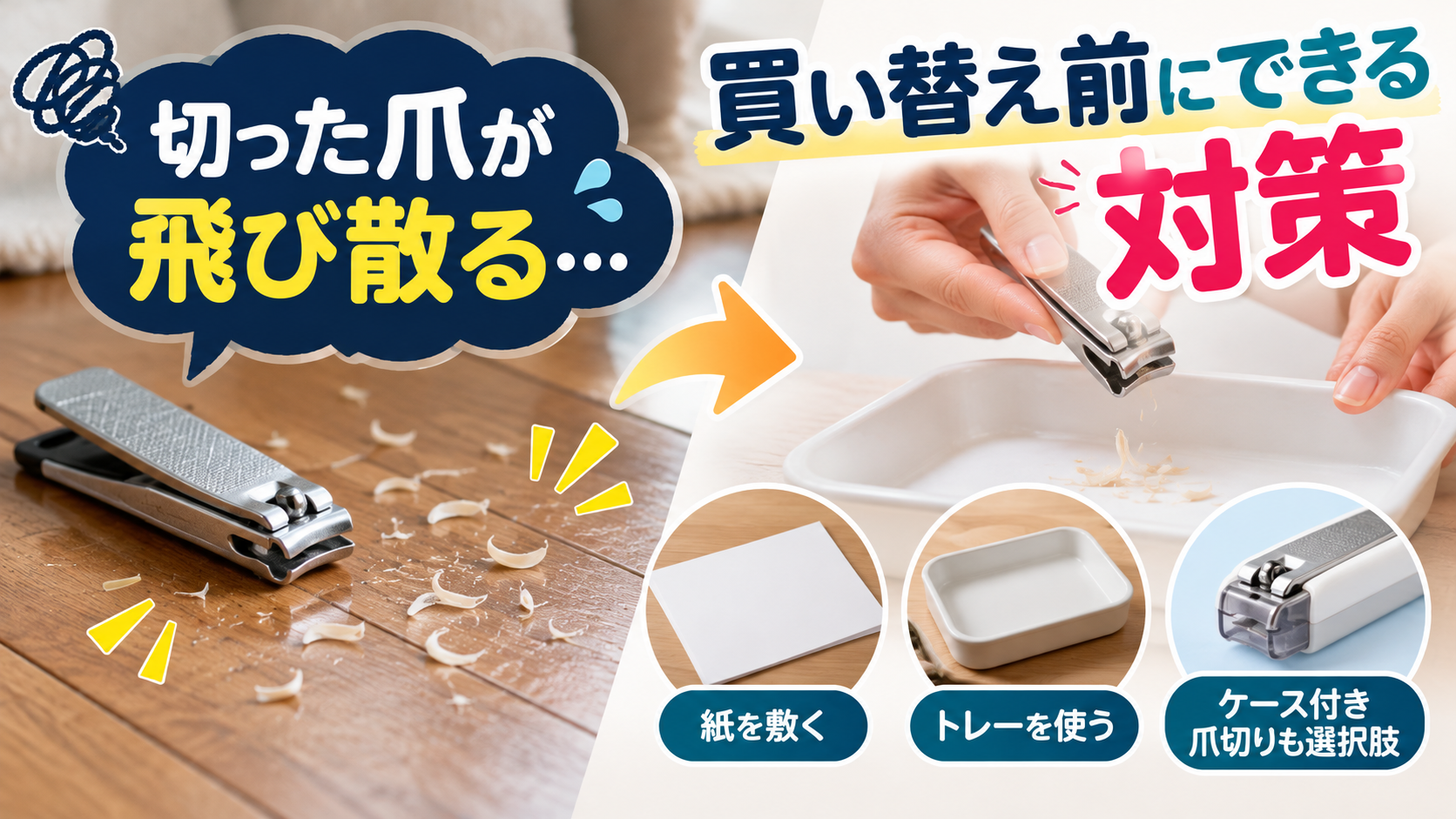 切った爪が飛び散る状態と、紙やトレーを使って片付けを簡単にする対策の比較
