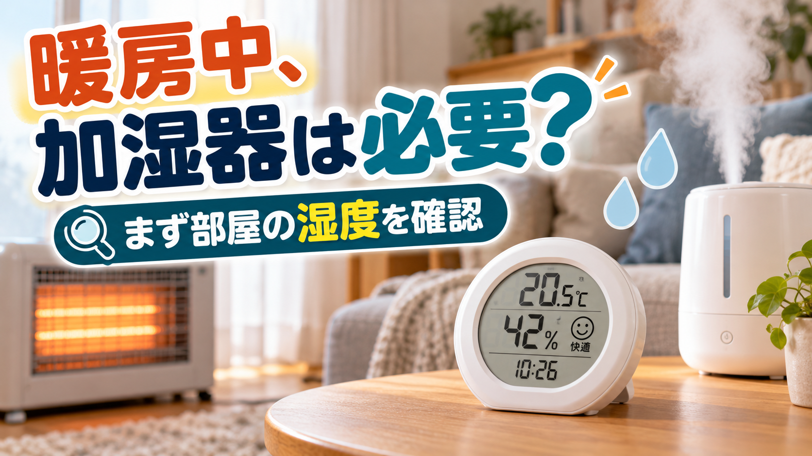 暖房中の部屋で湿度を確認し、加湿器を使うか判断する様子を示すイメージ