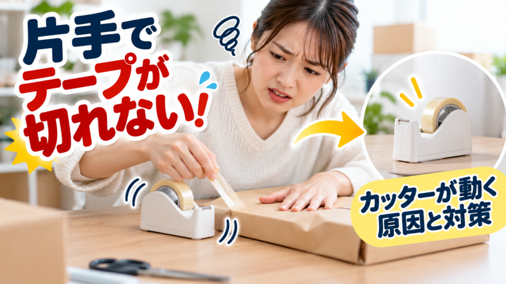 テープカッターが動いて片手で切れない状態と、設置面を確認して固定する対策の比較