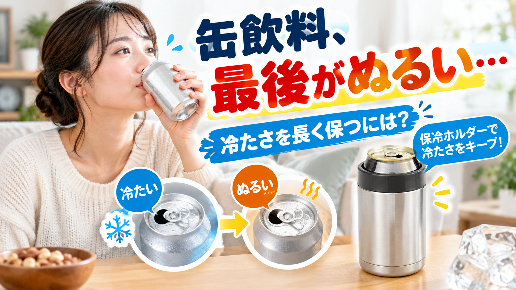 350mL缶飲料をゆっくり飲むうちにぬるくなる問題と保冷方法を比較したイメージ